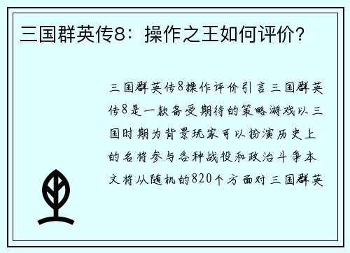 三国群英传8：操作之王如何评价？